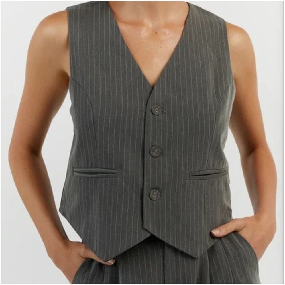 DISSH Australia Diego Pinstriped Classic Sleeveless Button Down Top Vest Gray 8